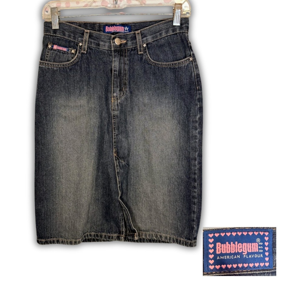 Vintage Y2K Bubblegum Denim Skirt Blue Washed Midi Length Button Fly Women S